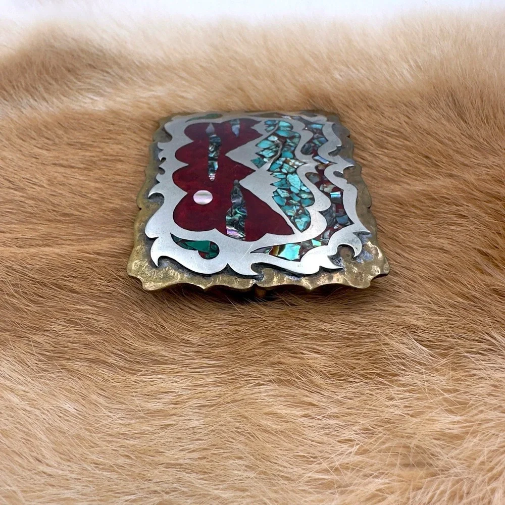 VTG Southwestern Mountain Landscape Turquoise Abalone Chip Inlay Belt Buckle